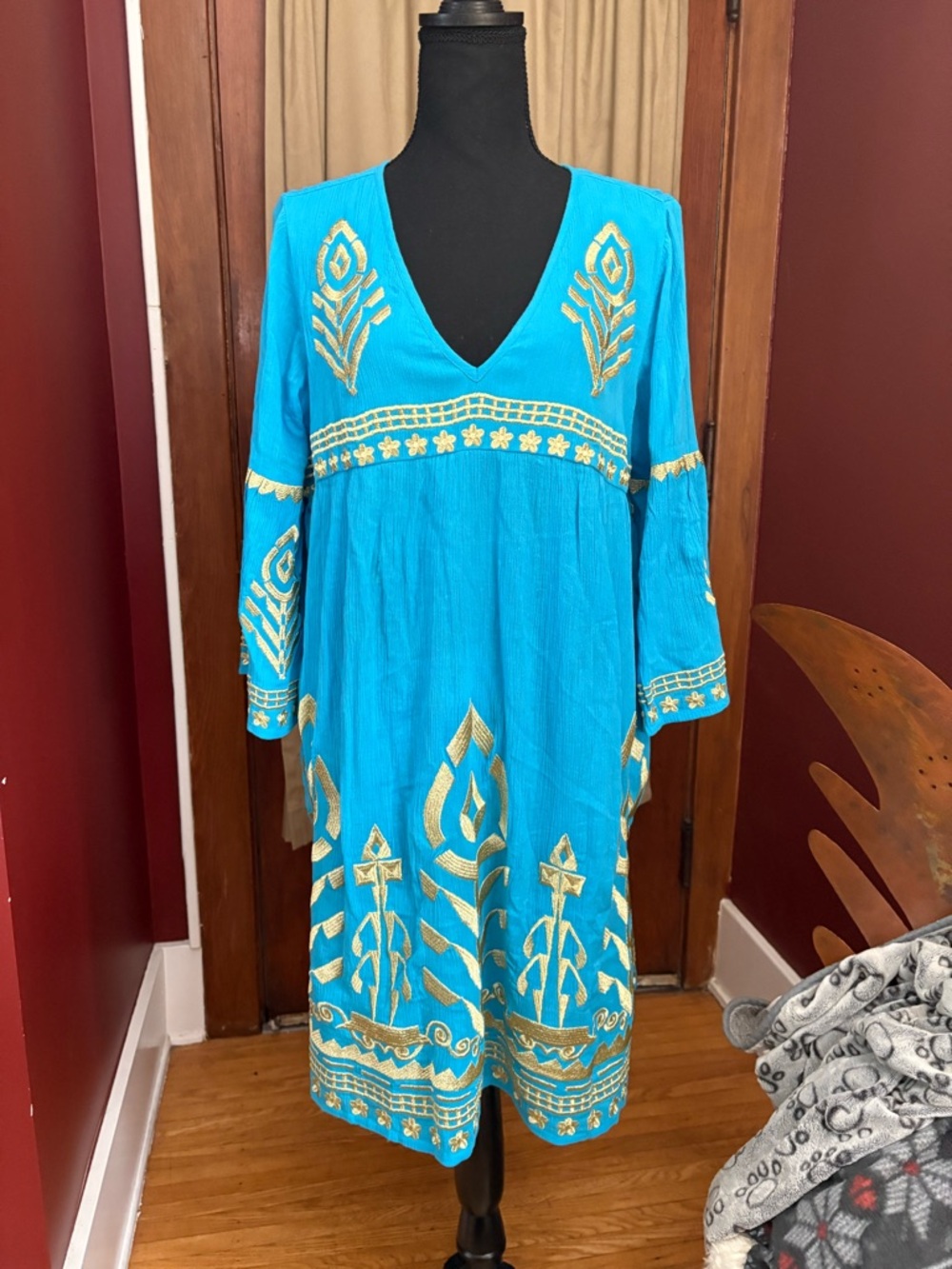 Soft Surroundings Turquoise Midi Dress with Gold Embroidery
